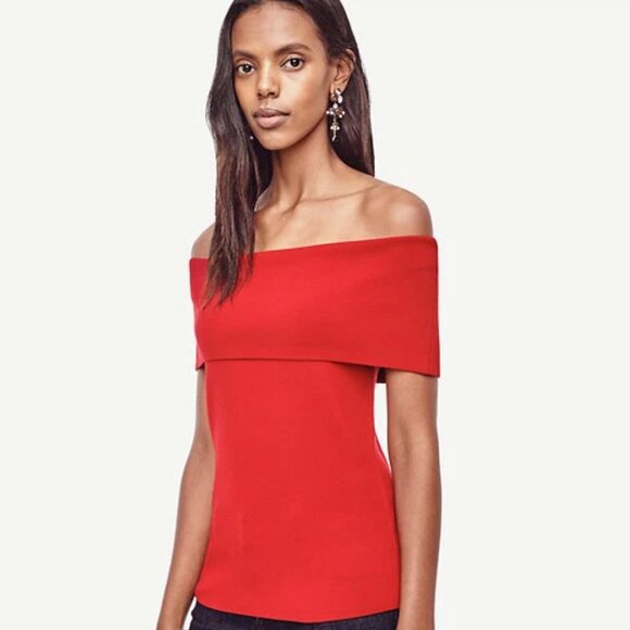 NWT Ann Taylor Red Off The Shoulder Top Knit Sweater Boat Neck Short Sleeve XS P - Picture 11 of 11